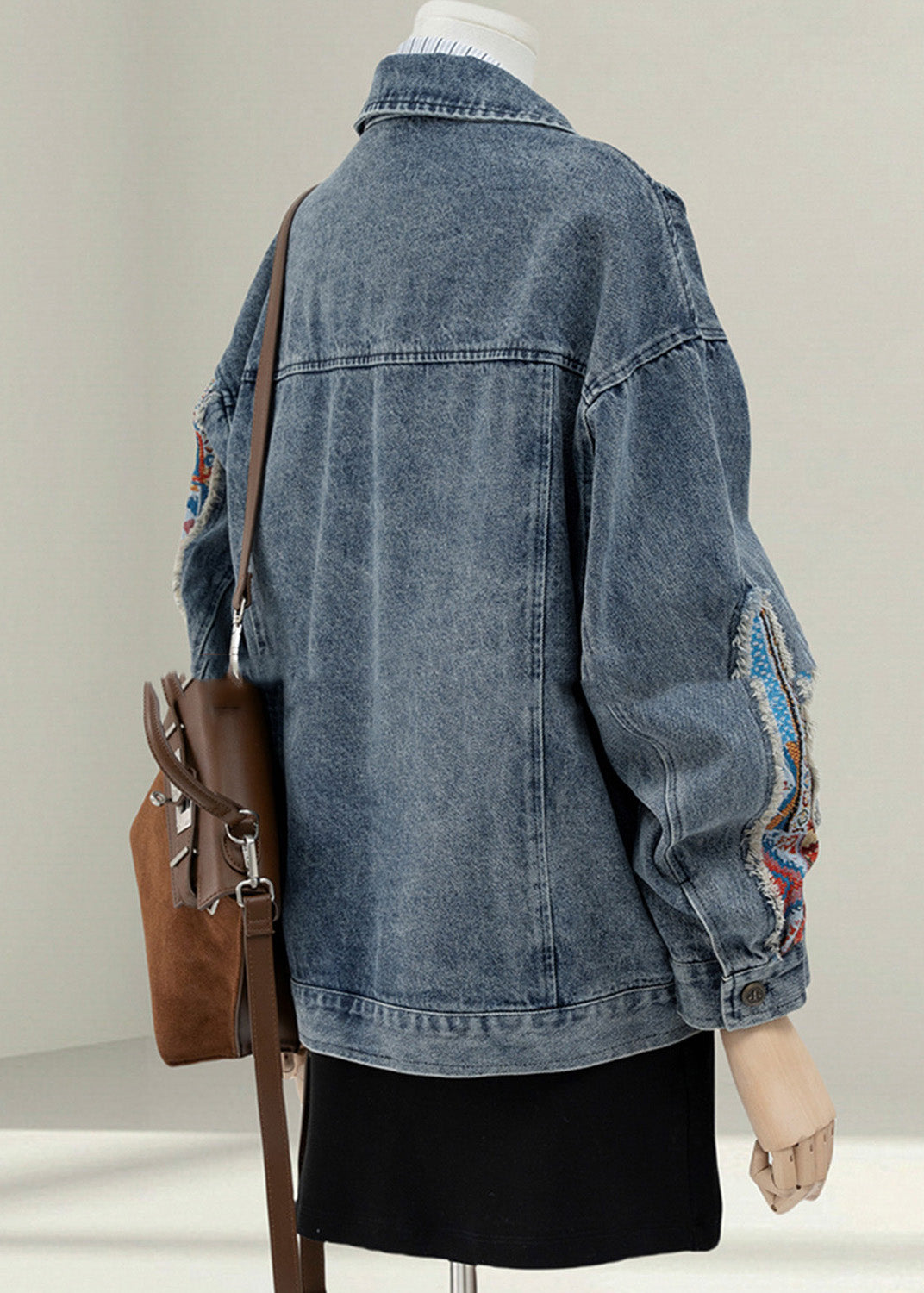 Blue Peter Pan Collar Jacquard Patchwork Denim Coat Fall