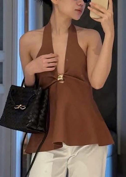 French Brown V Neck Backless Cotton Top Sleeveless