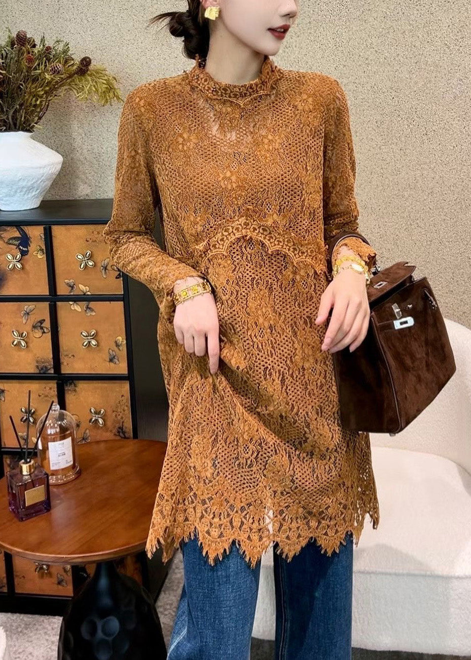 Orange Tie Waist Lace Mini Dresses Hollow Out