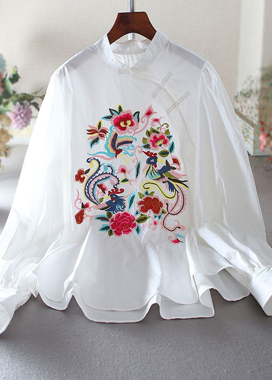 White Embroidered Chinese Button Cotton Blouse Top Spring