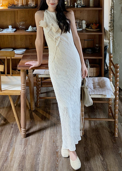 Beige O-neck Side Open Silk Long Dresses Sleeveless