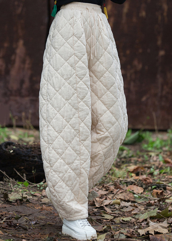 Beige Original Design Pockets Cotton Filled Pants Elastic Waist