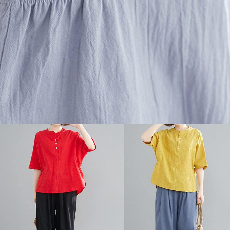 French Yellow Linen Cotton Linen Tops Blouses Cotton Button Down Elastic Waist Blouse