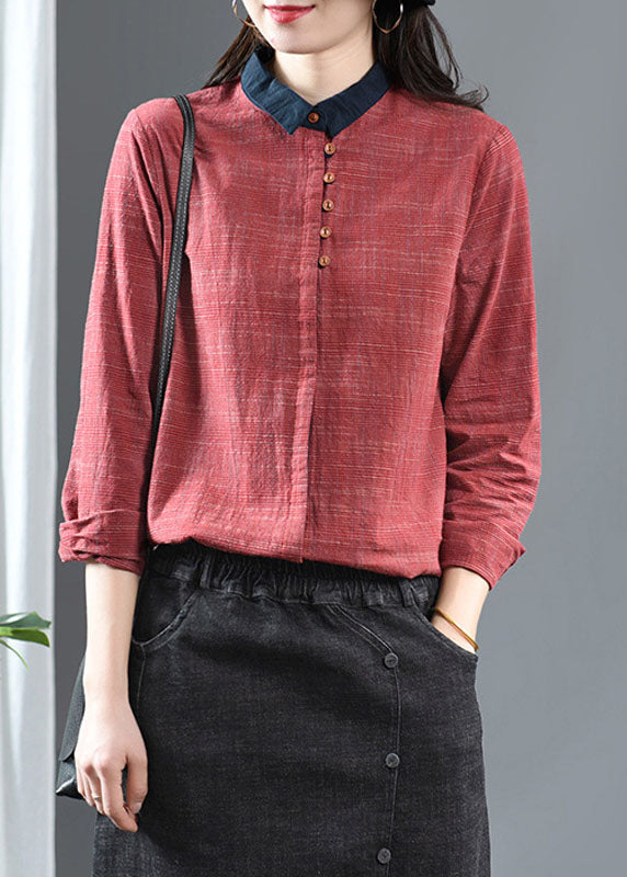 Red Peter Pan Collar Patchwork Cotton Shirt Long Sleeve