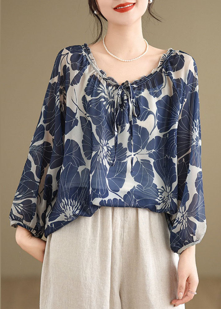 Blue Ruffled Lace Up Print Chiffon Shirt Tops Summer