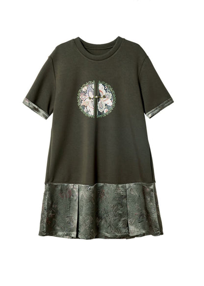 Boutique Blackish Green O Neck Jacquard Patchwork Cotton Dress Summer