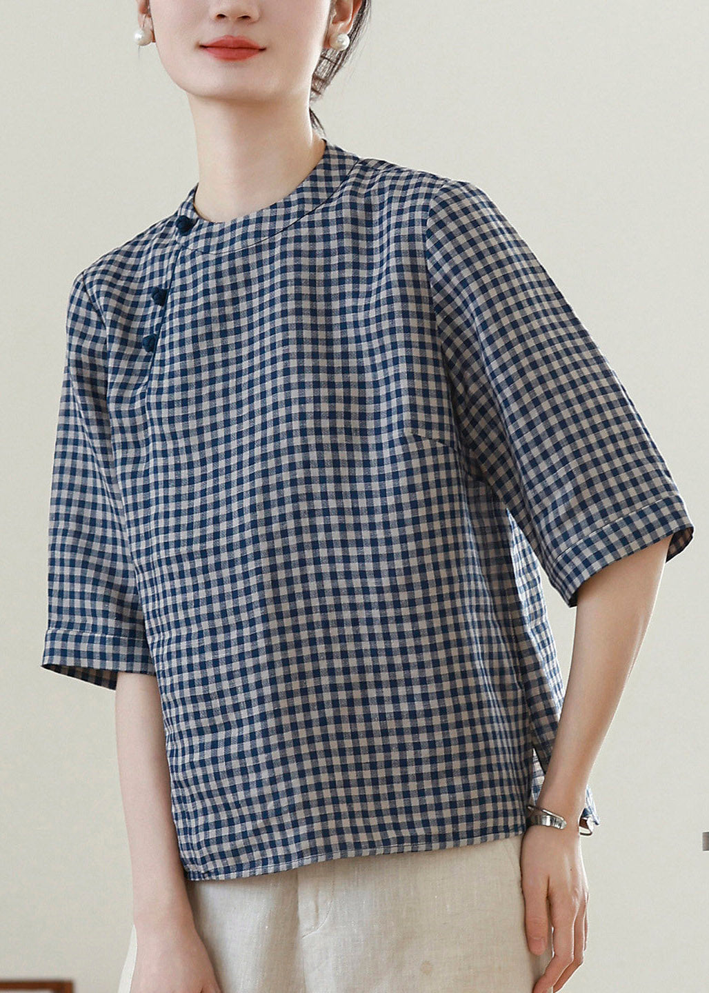 Plaid O-neck Top Short Sleeve