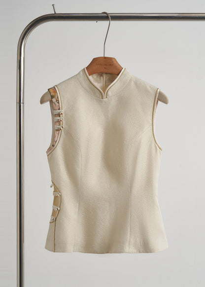 Beige Chinese Button Hollow Out Oriental Vests Fall