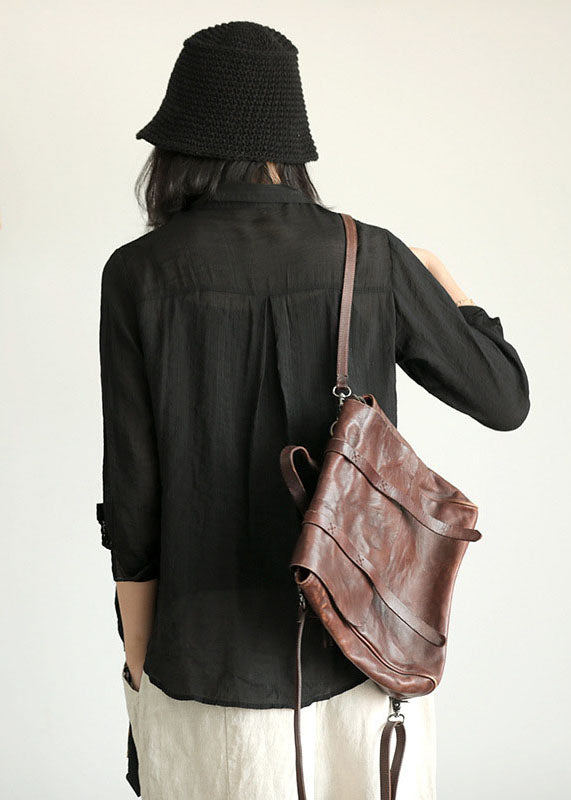 Black Peter Pan Collar Geometric Patchwork Linen Blouse Top Bracelet Sleeve
