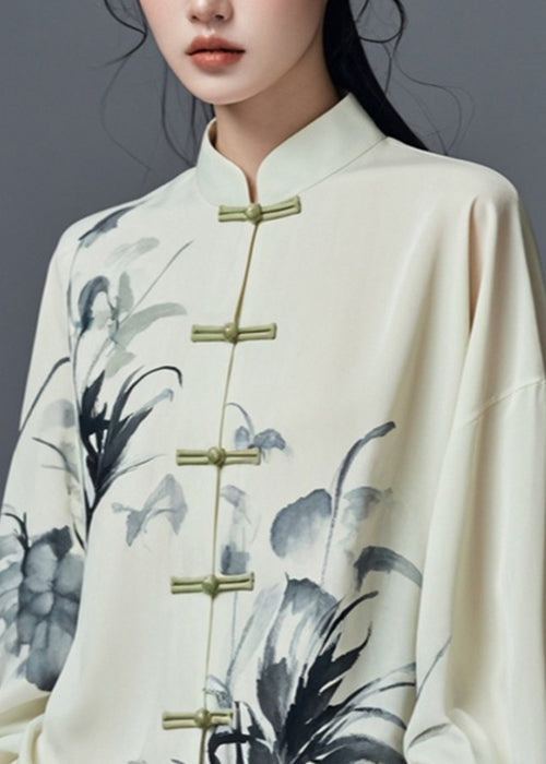 Light Green Stand Collar Print Cotton Shirt Fall
