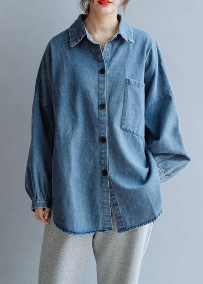 French Low High Design Cotton Shirts Pattern Denim Blue Blouse Fall