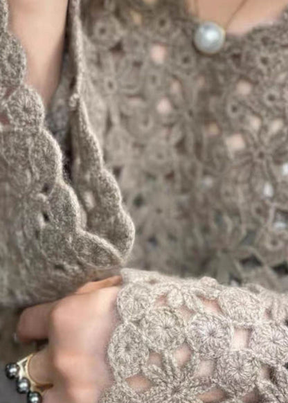 Grey V Neck Hollow Out Knit Tops Fall