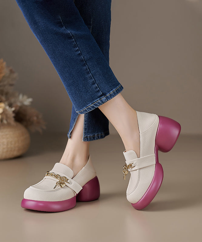 Beige Cowhide Leather Loafer Shoes Platform Splicing