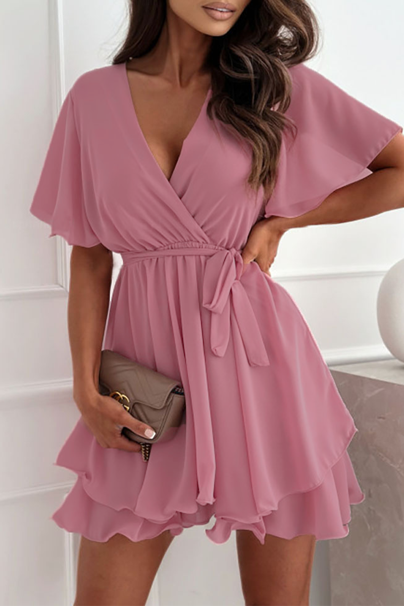 Color Lace Up Ruffle V Neck a Line Dresses(3 Colors)