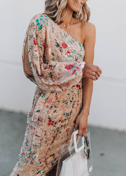 Fine One Shoulder Print Side Open Tie Waist Cotton Dress Summer