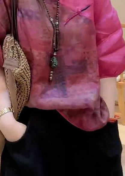 Rose V Neck Print Button Linen Shirt Half Sleeve