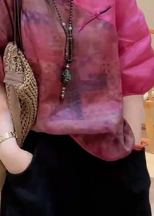 Rose V Neck Print Button Linen Shirt Half Sleeve