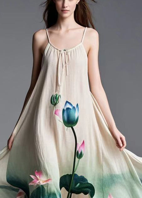 Beige Lotus Print Tie Dye Cotton Spaghetti Strap Dress Summer