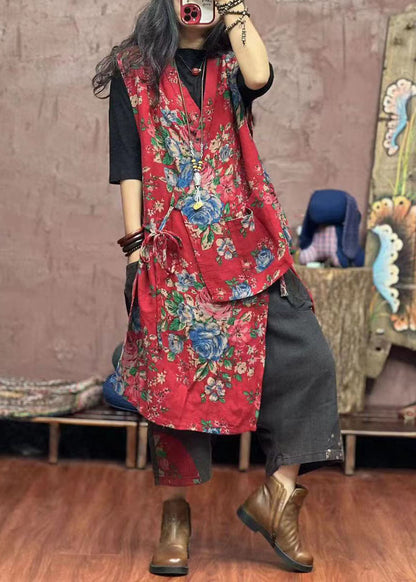 Yellow Asymmetrical Print Patchwork Cotton Waistcoat Sleeveless