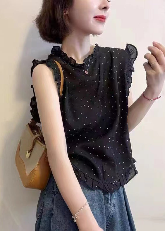 Black Dot Print Ruffled Chiffon Vests Sleeveless