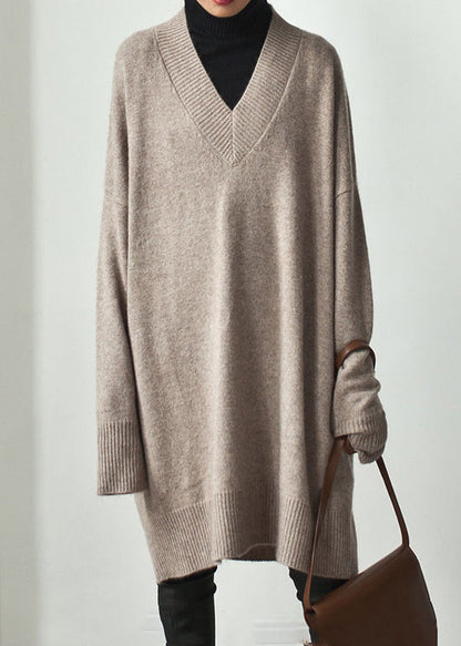 Khaki V Neck Oversized Knit Sweater Dress Spring