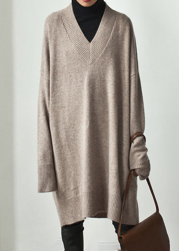 Khaki V Neck Oversized Knit Sweater Dress Spring