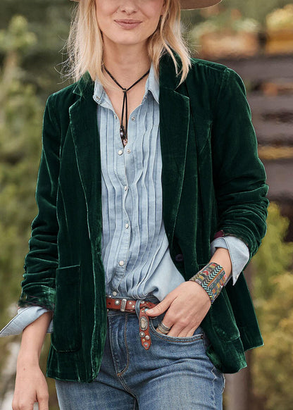 Stylish Blackish Green Notched Pockets Velvet Suit Coat Fall