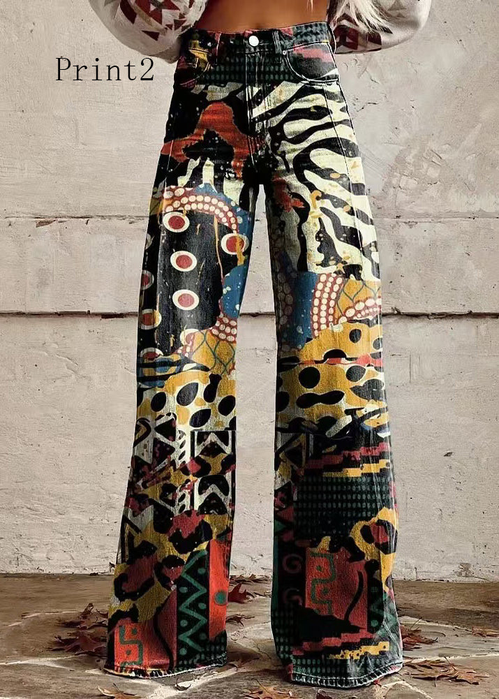 Print Pockets Loose Denim Wide Leg Pants High Waist Spring
