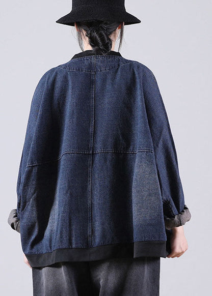 Art Blue O-neck Patchwork Bat Wing Sleeve Print Fall Coat
