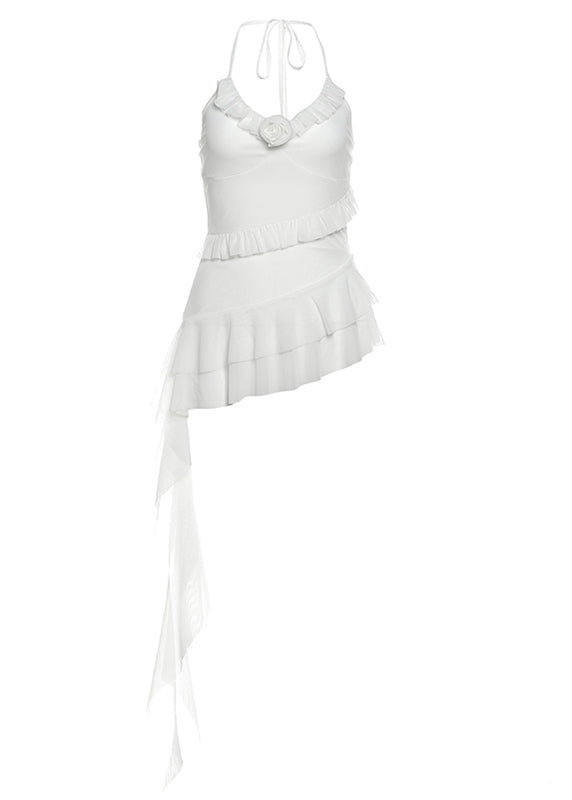French White Asymmetrical Ruffled Patchwork Tank Tops Sleeveless