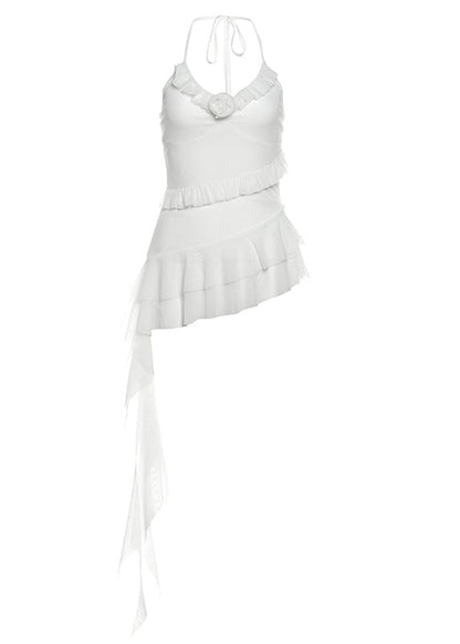 French White Asymmetrical Ruffled Patchwork Tank Tops Sleeveless