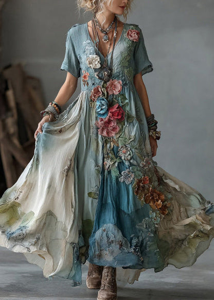 Unique Blue V Neck Tie Dye Cotton Maxi Dress Summer