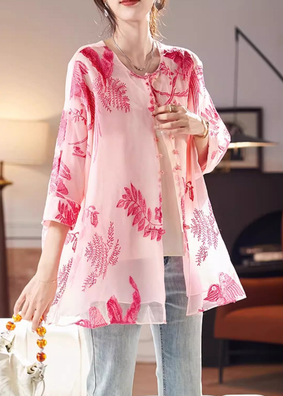 French Pink O-neck Print Silk Shirt Bracelet Sleeve