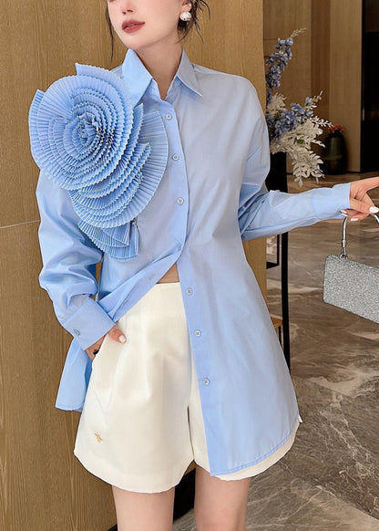 Blue Peter Pan Collar Button Cotton Shirts Long Sleeve