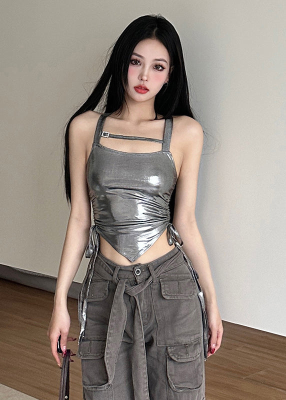 Silvery Cinched Faux Leather Vest Sleeveless