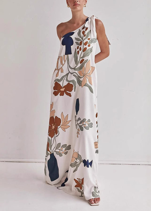 Italian White One Shoulder Print Cotton Vacation Dresses Summer