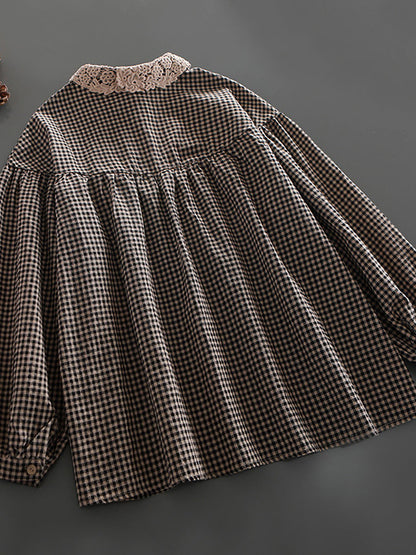 Loose Breasted Lace Plaid Tops