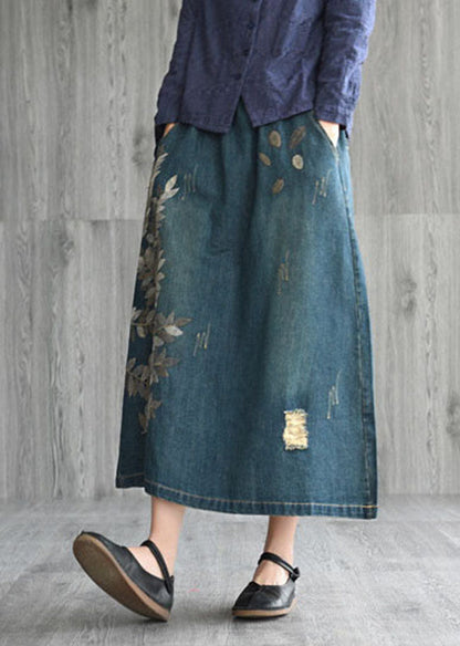 Unique Navy Patchwork Embroidered Denim Skirt Spring