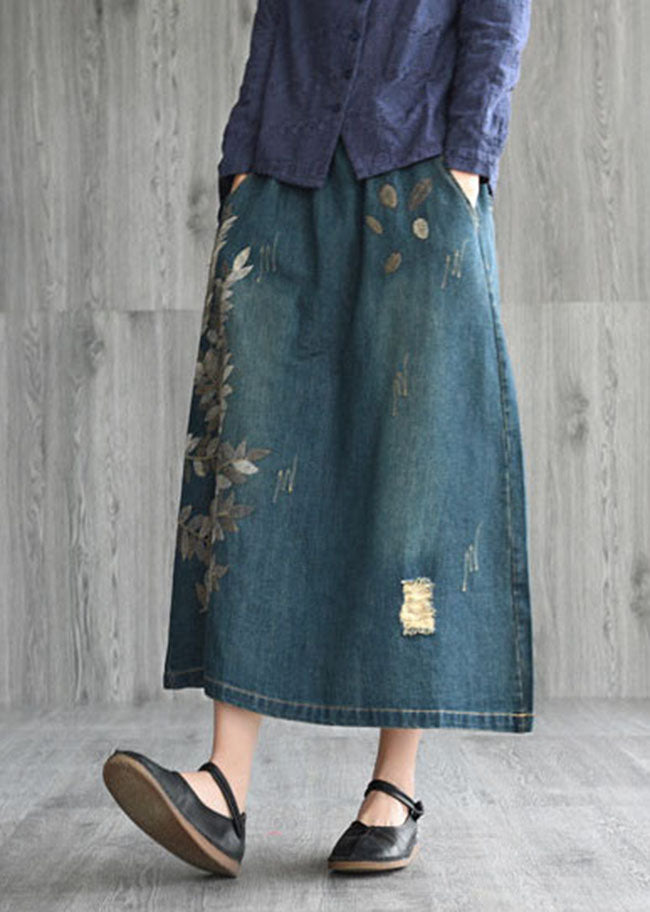 Unique Navy Patchwork Embroidered Denim Skirt Spring