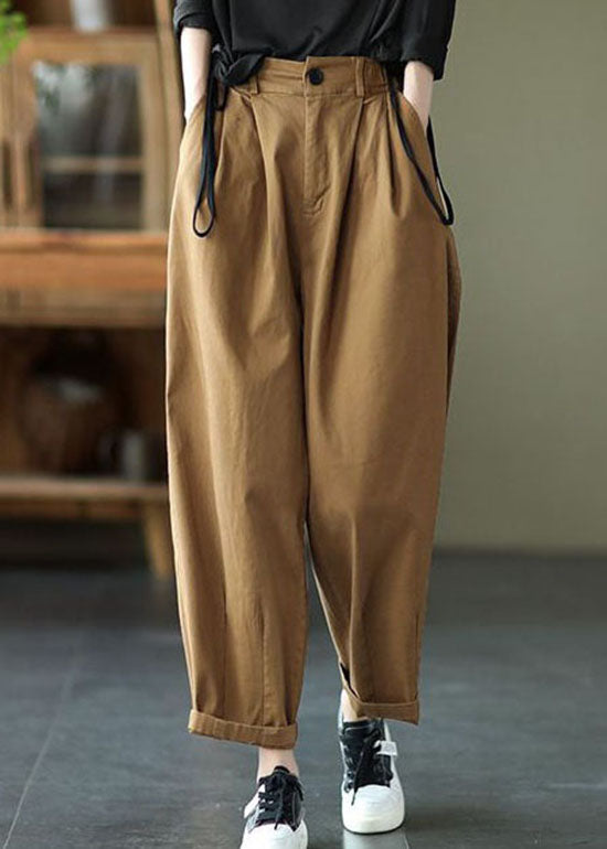 Dark Khaki Pockets Patchwork Cotton Pants Summer