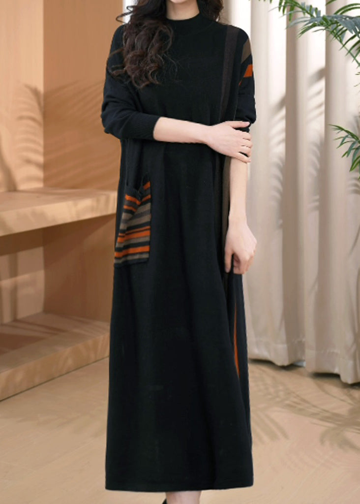 Black O-neck Striped Patchwork Thick Cotton Knit Long Dress Winter