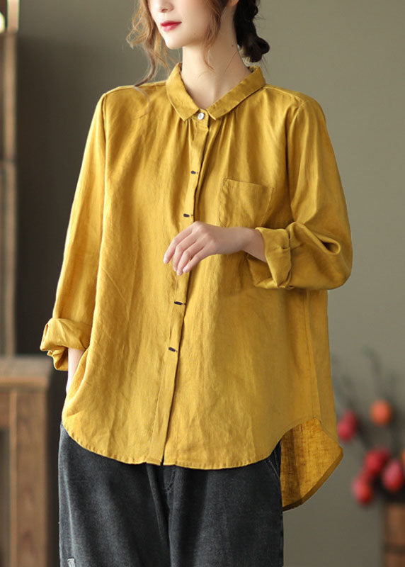 Yellow Peter Pan Collar Patchwork Linen Shirts Top Long Sleeve