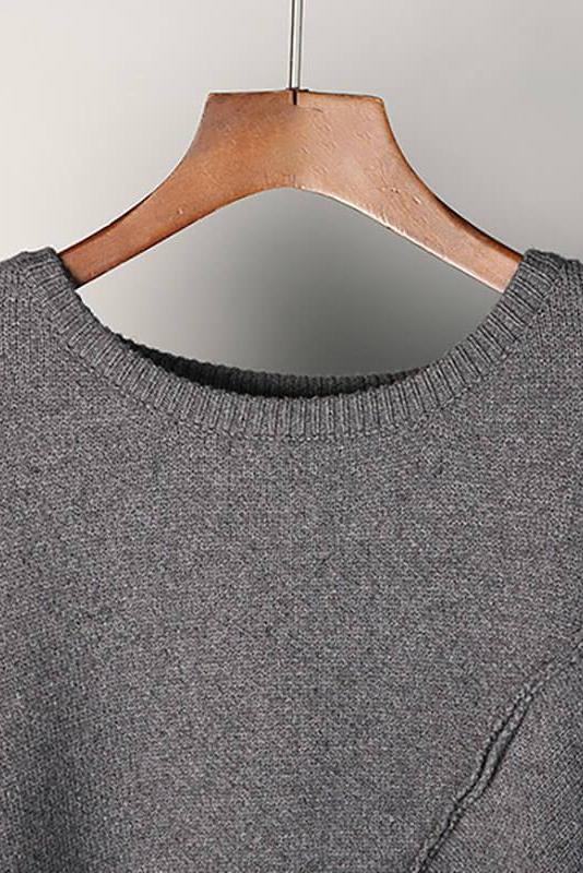 O-neck Knitted Irregular Hem Pure Color Sweater
