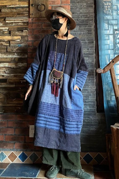 -retro Cotton Linen Distressed Colorblock Dress