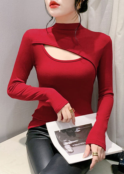 Slim Fit Red Hollow Out Patchwork Thin Warm Fleece Top Spring
