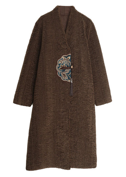 Unique White V Neck Embroidered Patchwork Winter Thick Coats Wool Overcoat