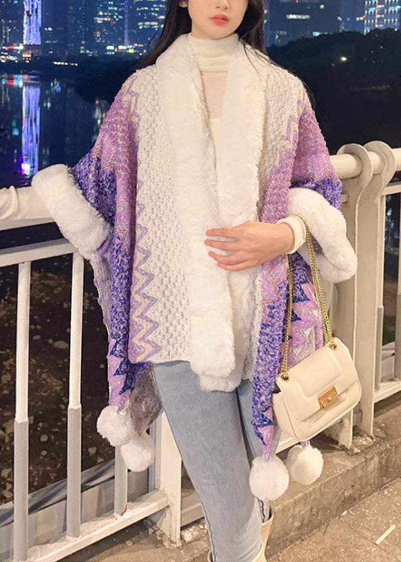 Purple V Neck Fuzzy Ball Patchwork Knit Cape Coats Spring