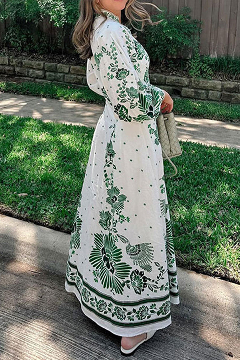 Vacation Print Buckle V Neck Long Sleeve Dresses