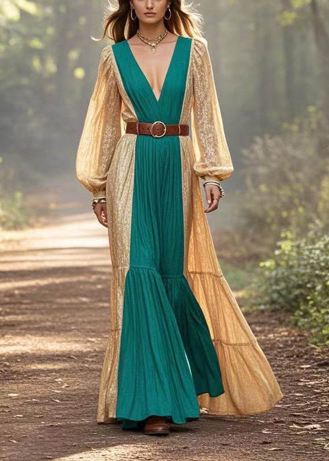 Stylish Colorblock Deep-v Neck Patchwork Cinched Dress Spring