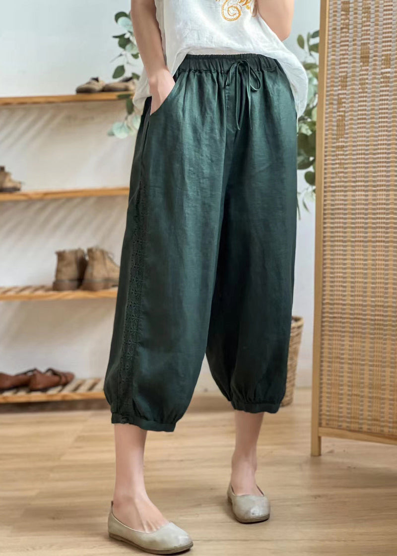 Linen Color Hollow Out Pockets Elastic Waist Harem Pants Summer